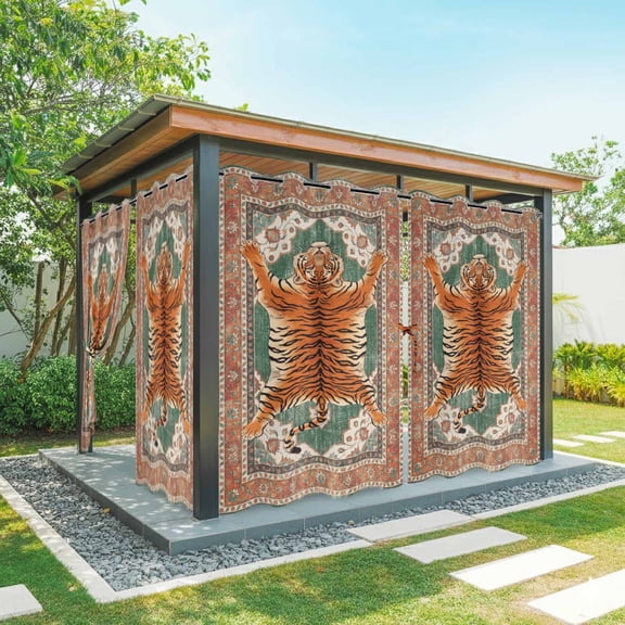 Tiger Outdoor Curtains for Patio, Bohemian Modern Animal Print Orange Green Floral Texture Waterproof Outside Curtains Privacy Blackout Curtain for Porch Pergola Cabana, 1 Panel 54W x 108L Inch