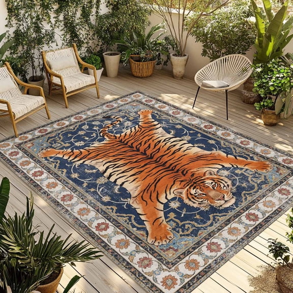 Tiger Outdoor Rug 4x6 ft Bohemian Modern Animal Print Blue Red Floral Texture Non Slip Patio Rug Washable Absorbent Large Outdoor Carpet Outside Mat for Porch RV Garden Camping
