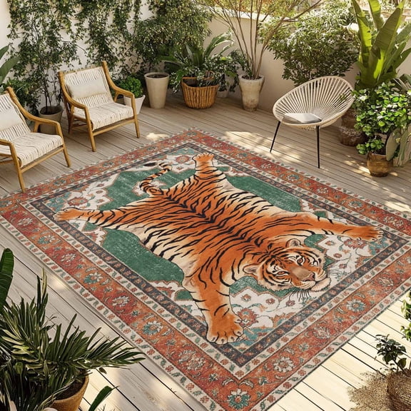 Tiger Outdoor Rug 4x6 ft Bohemian Modern Animal Print Orange Green Floral Texture Non Slip Patio Rug Washable Absorbent Large Outdoor Carpet Outside Mat for Porch RV Garden Camping