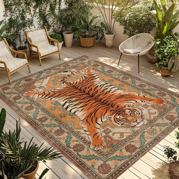 Tiger Outdoor Rug, Bohemian Modern Animal Print Orange Floral Texture Non-Slip Area Rugs Carpet Breathable Large Floor Mat for Outdoors Patio Porch Deck Beach 3’ x 5’