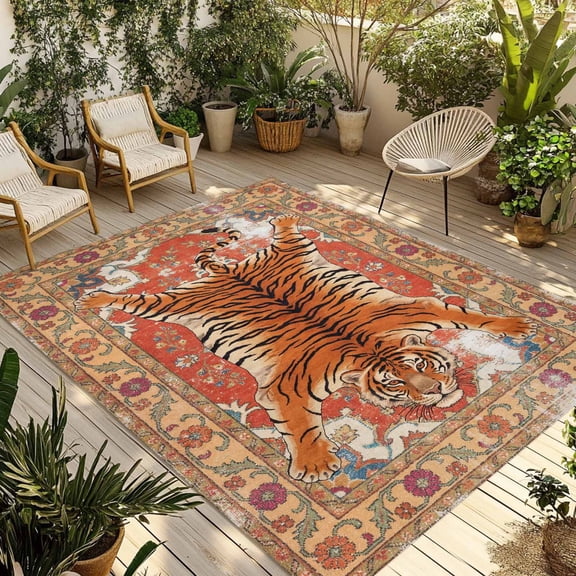 Tiger Outdoor Rug, Bohemian Modern Animal Print Red Orange Floral Texture Non-Slip Area Rugs Carpet Breathable Large Floor Mat for Outdoors Patio Porch Deck Beach 4’ x 6’