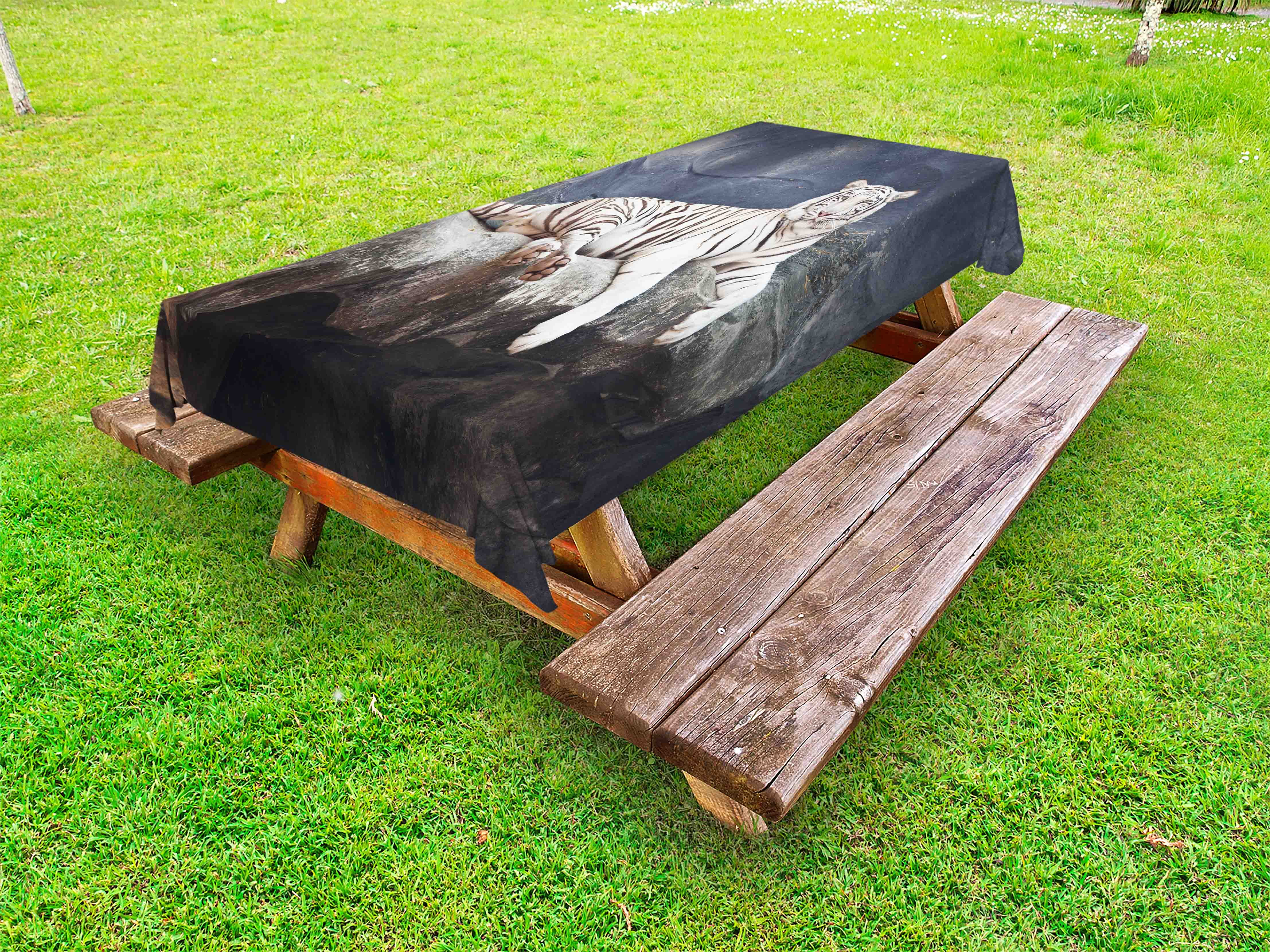 Tiger Outdoor Tablecloth, Albino Cat Sitting on Rock Sublime Nature Marvelous Animals Endangered Species, Decorative Washable Fabric Picnic Tablecloth, 58 X 104 Inches, Slate Blue White, by Ambesonne