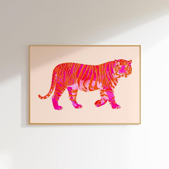 Tiger Painting Large Maximalist Wall Art Preppy Room Decor, Funky Horizontal Wall Art College Dorm Decor, Pink Orange Wall Art Animal Print Wall Art, Modern Wall Decor, 8x12 UNFRAMED