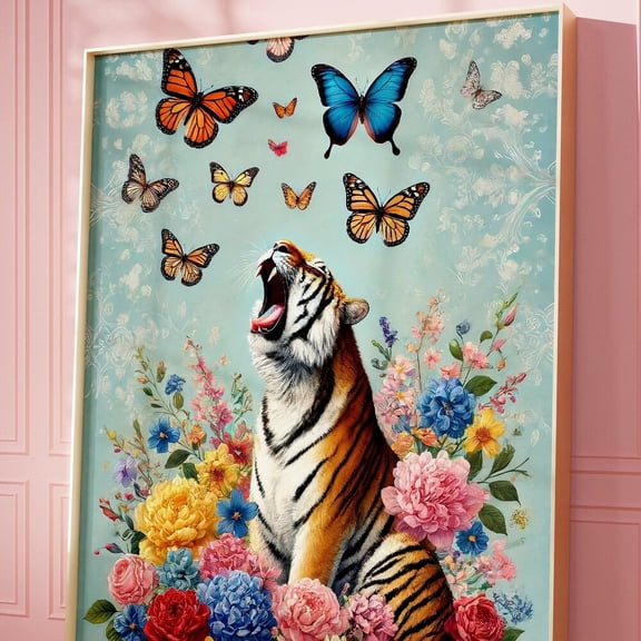 Tiger Painting, Tiger Poster, Wall Art, Dorm Decor, Floral Art Animal Print, Maximalist Wall Art, Colorful Poster, Trendy Tiger UNFRAMED PAPER POSTER, Home Decor, Vintage Gift, Living Room Dercor