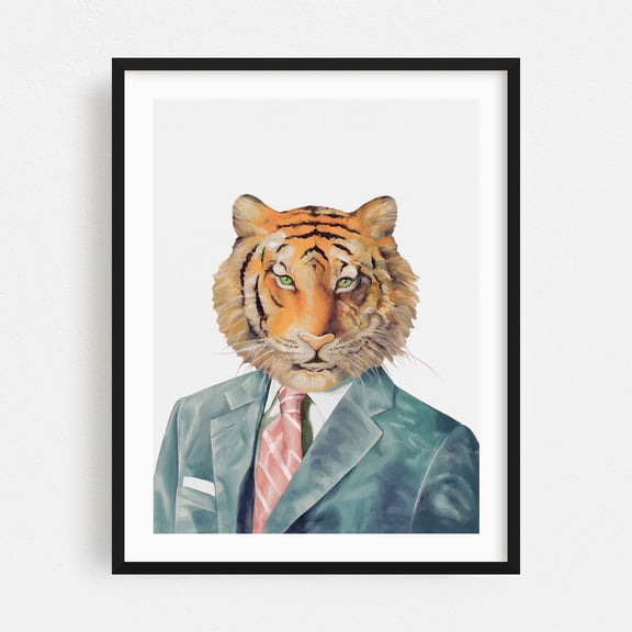 Tiger - Painting Tiger Surrealism Animal Humor Modern Art Portrait Illustration Black Framed Wall Art Print 18 x 24 inches