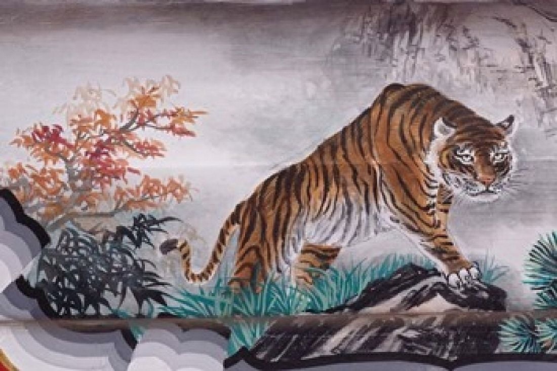 Tiger Painting on Outdoor Corridors Zhongshan Park Beijing China Canvas Art - Adam Jones DanitaDelimont (24 x 15)