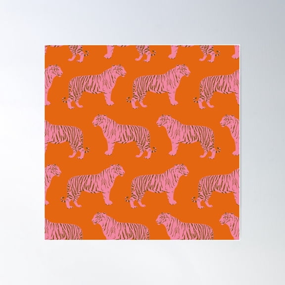 Tiger Pattern In Pink And Orange Poster Wall Art, Modern Wall Decor For Living Room Bedroom, 17x17 UNFRAMED