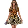 thumbnail image 1 of Tiger Pattern Women Dress V-Neck Short Sleeve Flowy Swing Party Midi Dress, 1 of 4