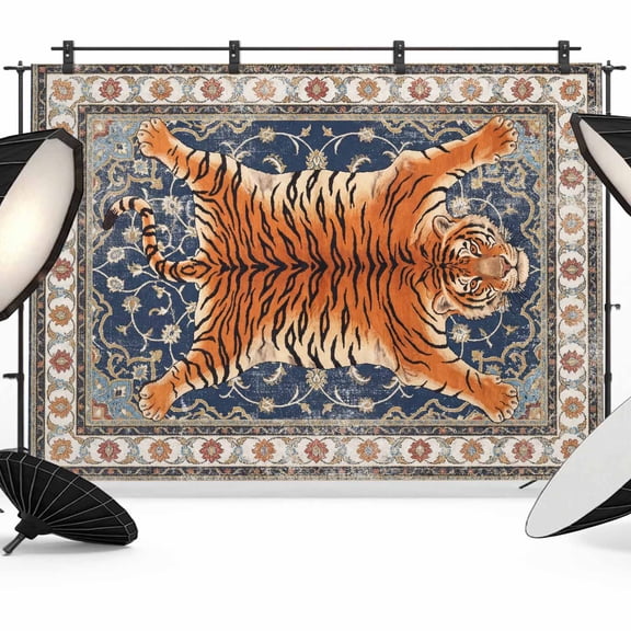Tiger Photography Backdrop 7x5FT, Bohemian Modern Animal Print Blue Red Floral Texture Photo Backdrops, Background for Photography Studio Photo Studio Background, Back Drop for Photoshoot