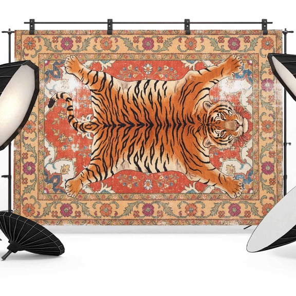 Tiger Photography Backdrop 7x5FT, Bohemian Modern Animal Print Red Orange Floral Texture Photo Backdrops, Background for Photography Studio Photo Studio Background, Back Drop for Photoshoot