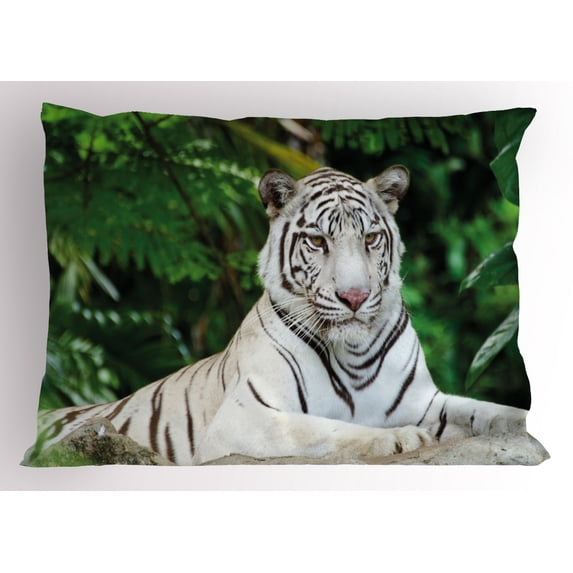 Tiger Pillow Sham Albino Bengal Cat Sitting on a Rock in Forest Southeast Asia Indigenous Species, Decorative Standard King Size Printed Pillowcase, 36 X 20 Inches, Fern Green White, by Ambesonne