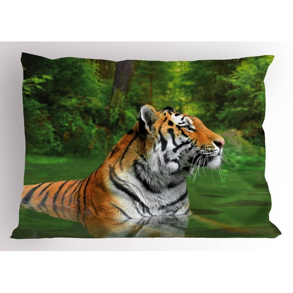 Tiger Pillow Sham Black Striped Large Cat from Siberia Swimming in the Lake in the Forest, Decorative Standard Queen Size Printed Pillowcase, 30 X 20 Inches, Fern Green Pale Brown, by Ambesonne