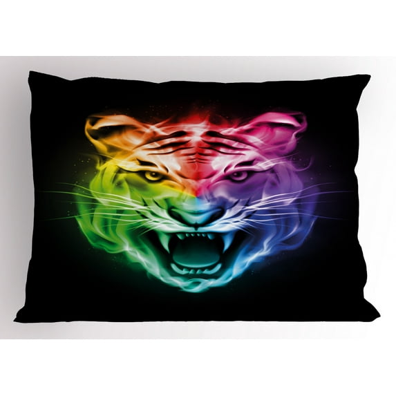 Tiger Pillow Sham Multicolored Abstract Display Large Feline Blazing Spectrum of Fire Rainbow Color, Decorative Standard Queen Size Printed Pillowcase, 30 X 20 Inches, Multicolor, by Ambesonne
