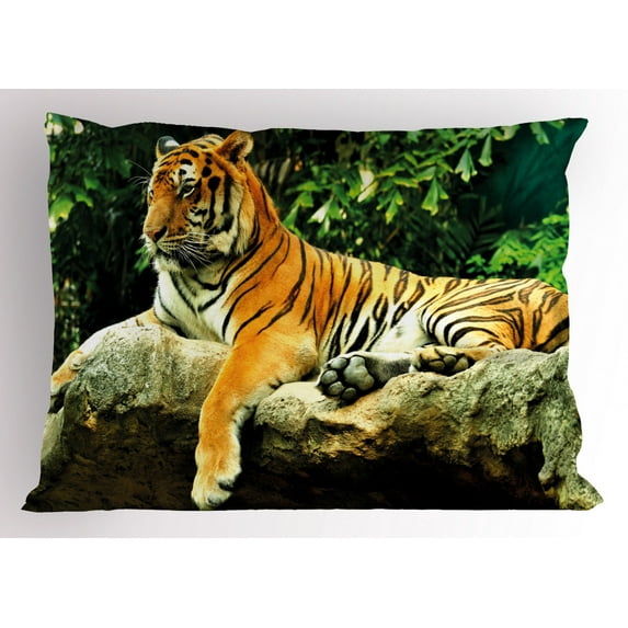 Tiger Pillow Sham Resting Feline in the Forest on a Large Rock Sublime Carnivore Beast Beautiful Nature, Decorative Standard Queen Size Printed Pillowcase, 30 X 20 Inches, Multicolor, by Ambesonne