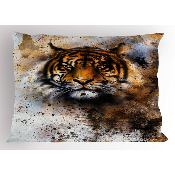Tiger Pillow Sham Wild Beast Looking Straight into the Eyes of the Viewer Angry Looking Panthera Tigris, Decorative Standard Queen Size Printed Pillowcase, 30 X 20 Inches, Multicolor, by Ambesonne