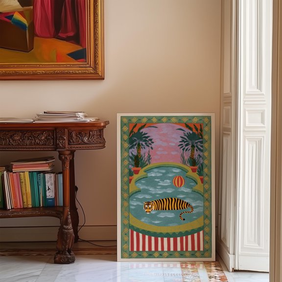 Tiger Pool Wall Art, Tropical Animal Print, Whimsical Jungle Decor, Modern Boho Poster, Poster Only
