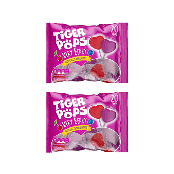 Tiger Pops Very Berry Lollipops, Cherry & Blue Raspberry, 20 Count per pack , 2 pack, 40 total