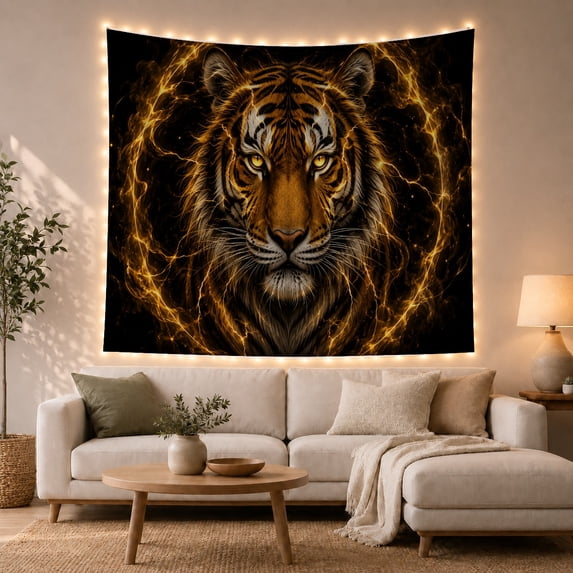 Tiger Portrait Inside A Golden Energy Ring, Majestic Fantasy Style For Tiger Lovers, Wildlife Wall Art, Housewarming Gift, Tapestry Wall Hanging For Bedroom, Living Room And Dorm