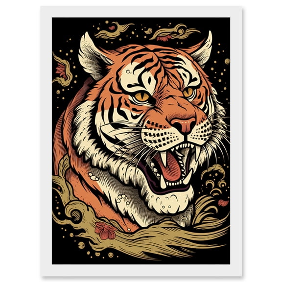 Tiger Portrait Old School USA Tattoo Ink Body Art Rockabilly Americana 50s Artwork Framed Wall Art Print A4
