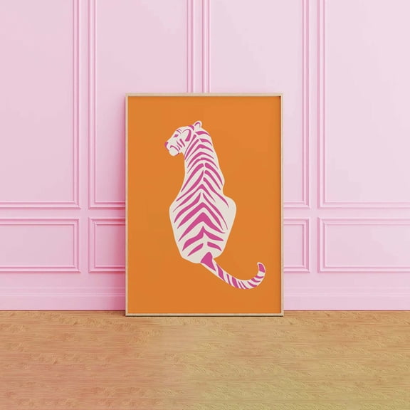 Tiger Poster Cute Pink Orange Animal Retro Wall Art Trendy Maximalist College Dorm Decor Poster, Unframed Size 12x18