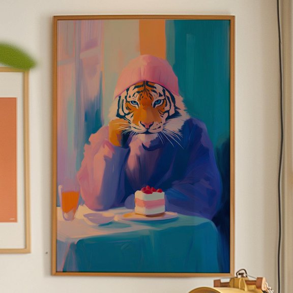 Tiger Poster, Maximalist Art, Brunch Poster, Preppy Print, Trendy Poster, Aesthetic Art, Kitchen Wall Decor, Pink Wall Art Wall Art, Modern Wall Decor, 12x18 UNFRAMED