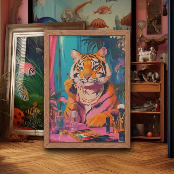 Tiger Powder Room Art Print Maximalist Wall Decor Dopamine Aesthetic Poster Vibrant Jungle Animal Artwork Pink Eclectic Home Decor Decor For Living Room Bedroom