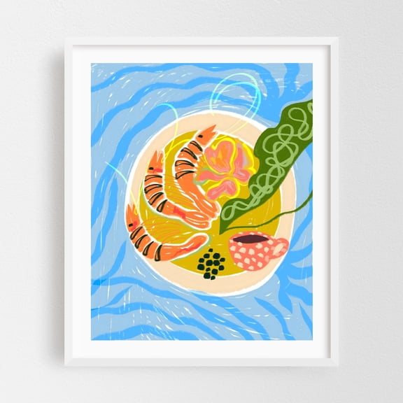 Tiger Prawns | Shrimp Sea Food Platter - Painting Seafood Illustration Tropical Modern Art Kitchen Decor Aquatic Pattern White Framed Wall Art Print 11 x 14 inches