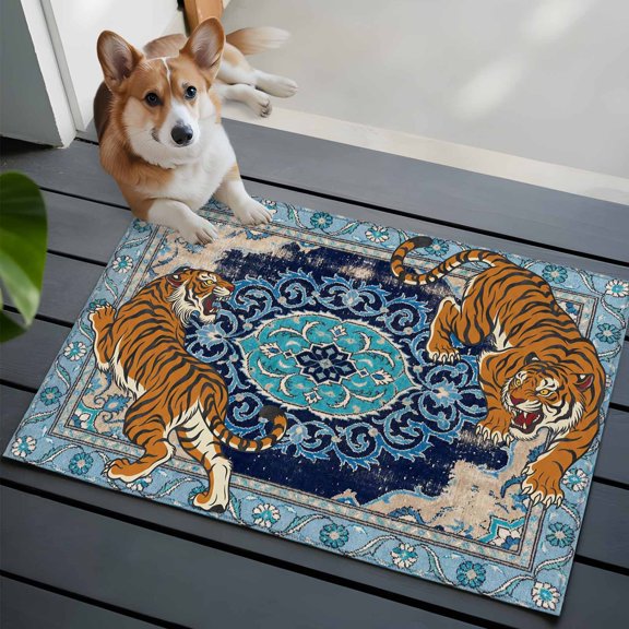 Tiger Print 2x3 Area Rugs for Living Room, Boho Vintage Animal Navy Blue Floral Geometric Non Slip Floor Mat Washable Low-Profile Indoor Carpet for Bedroom, Dining Room, Bathroom