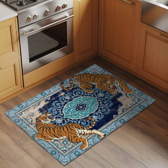 Tiger Print 2x3 Rug for Entryway Front Door Kitchen Sink Area, Boho Vintage Animal Navy Blue Floral Geometric Low Pile Washable Non Slip Rectangle Area Rug