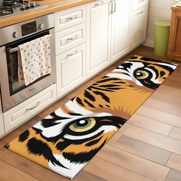 Tiger Print 2x6 Runner Rug for Hallway Walkway Kitchen Galley, Abstract Wild Animal Themed Tiger Eyes Wildlife Low Pile Washable Non Slip Long Area Rug