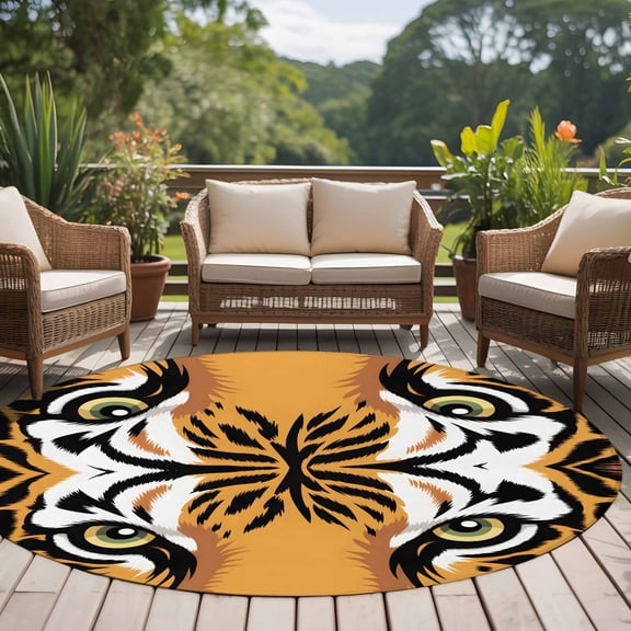 Tiger Print 8ft Round Rug for Open Concept Living Room Seating Zone, Abstract Wild Animal Themed Tiger Eyes Wildlife Washable Non Slip Large Circle Area Rug