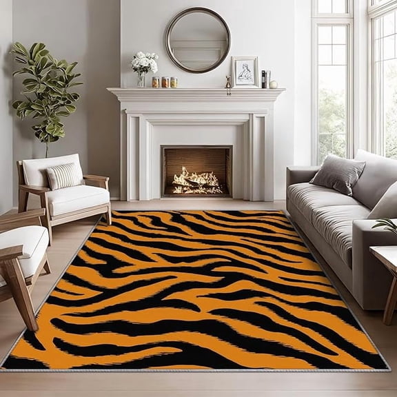 Tiger Print Area Rugs for Living Room, Wildlife Living Room Rug, Animal Print Rug for Bedroom, Black and Orange Washable Carpet, Tiger Stripes Home Decor & Gifts 3 x 4ft