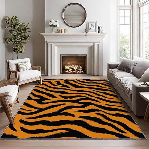 Tiger Print Area Rugs for Living Room, Wildlife Living Room Rug, Animal Print Rug for Bedroom, Black and Orange Washable Carpet, Tiger Stripes Home Decor & Gifts 5 x 8ft
