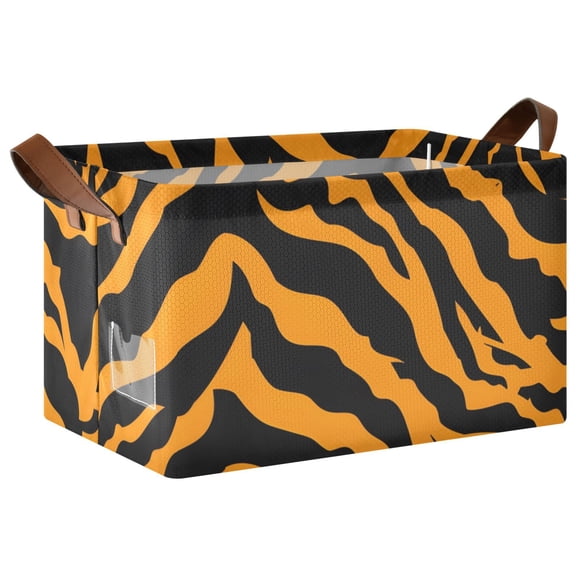 Tiger Print Background Collapsible Storage Bin Open Home Shelf Basket Water-Resistant Iron Frame Large 2 Pack