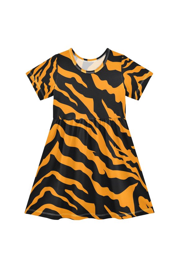 Tiger Print Background Girls Short Sleeve Dress A Line Sun Protection Breathable Comfort Sundress 3T