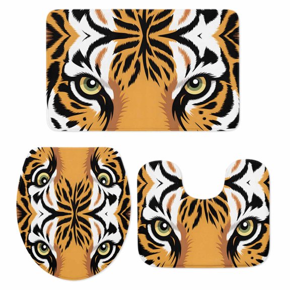 Tiger Print Bathroom Rugs Set Abstract Wild Animal Themed Tiger Eyes Wildlife Non Slip Absorbent Soft Bath Mats 3 Piece Set with Bathroom Rug, U-Shaped Floor Mat, Toilet Seat Cover Large Size