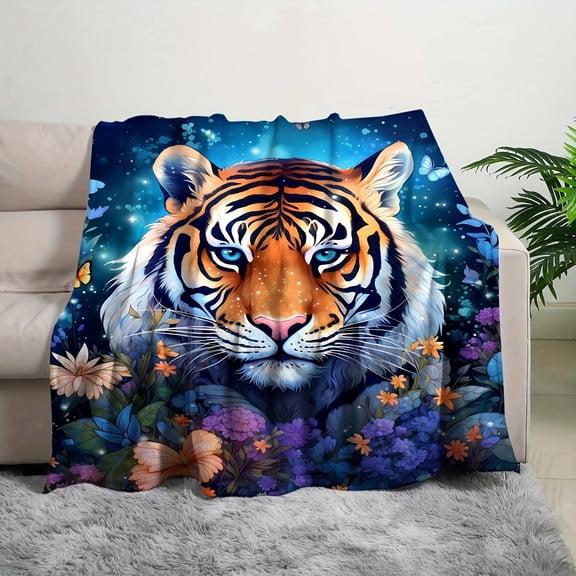 Tiger Print Blanket Tiger Face Floral Butterfly Design Flannel All Season Sofa Cover Bedspread Machine Washable Gift Men Women s Tiger Lovers Home Decor Animal Durable Fabric Throw