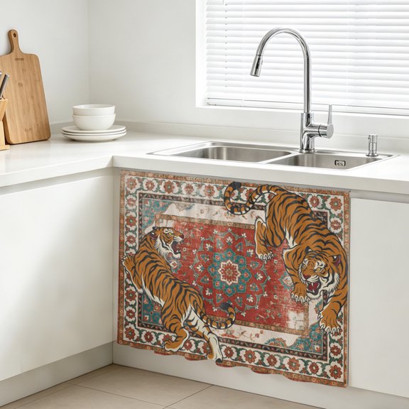 Tiger Print Cabinet Curtains for Kitchen 10"W x 11"L, Boho Vintage Animal Orange Red Floral Geometric Under Sink Skirt Magic Tape Short Curtain Decorative Privacy Panel for Bathroom Laundry