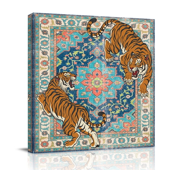 Tiger Print Canvas Wall Art for Living Room, Boho Vintage Animal Teal Blue Floral Geometric Wall Decor Framed Artwork Pictures Ready to Hang for Bedroom Office Home Decor