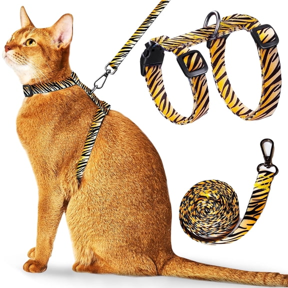 Tiger Print Cat Harness and Leash Set, Escape-Proof Adjustable Soft Nylon Vest, Lightweight No Pull Harness with 360° Swivel Clip Leash for Cats, Small Pets