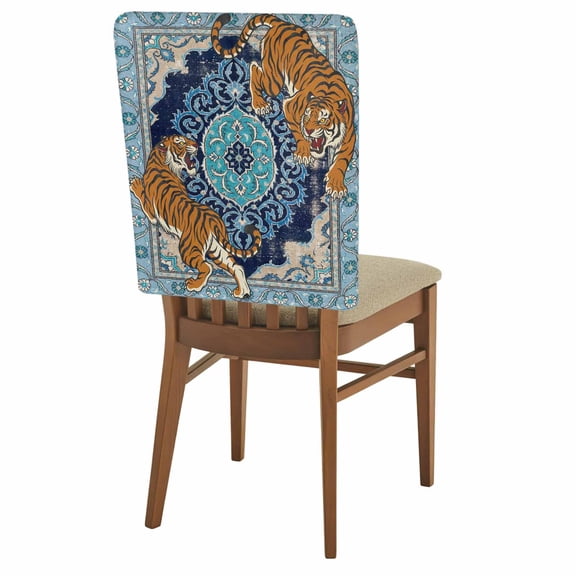 Tiger Print Chair Back Covers Set of 2, Boho Vintage Animal Navy Blue Floral Geometric Removable Dining Seat Cover Washable Kitchen Chair Slipcovers Protective for Party Decoration 19x20in
