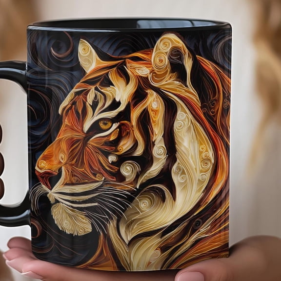 Tiger Print Coffee Cup with Quilled-look, Animal Lover Gift, Wildlife Theme, 11oz 15oz Ceramic Tea Mug