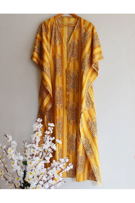 Tiger Print Cotton Fabric Indian Kaftan Dress Long Top Caftan, Dress Beach Wear Cover up, Printed Sleepwear Maxi Dress Boho Kimono Robe