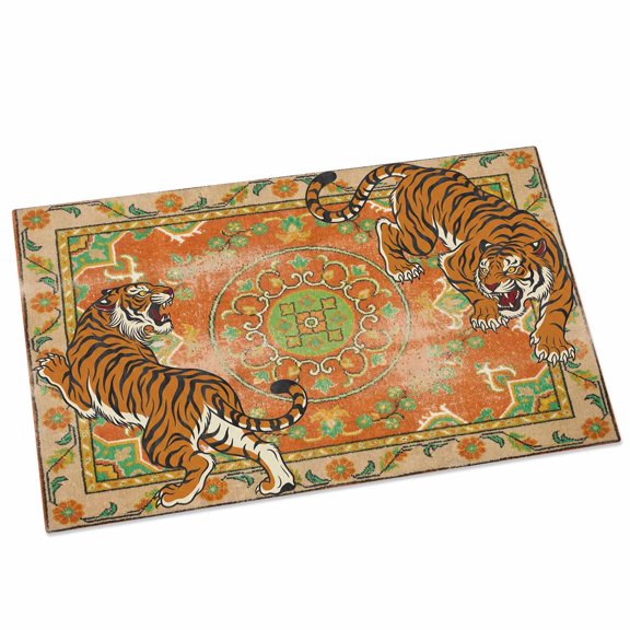 Tiger Print Door Mat 16x24 Inch Boho Vintage Animal Orange Floral Geometric Entryway Rug with Non-Slip Rubber, Front Door Mat Indoor Floor Mats for Living Room Bathroom Bedroom Home Office