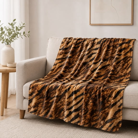 Tiger Print Fleece Throw Blanket, Soft Polyester Plush for Couch