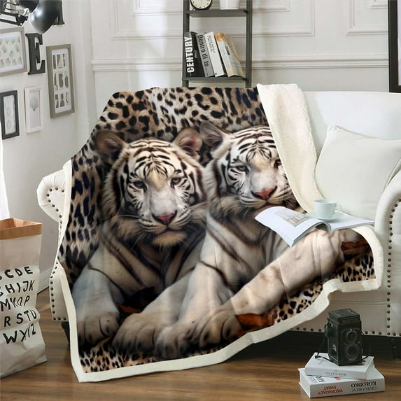 Tiger Print Fuzzy Blanket Cheetah Leopard Print Fleece Blanket Teens Adults, 3D White Tiger Throw Blanket Wild Safari Animal Sherpa Blanket