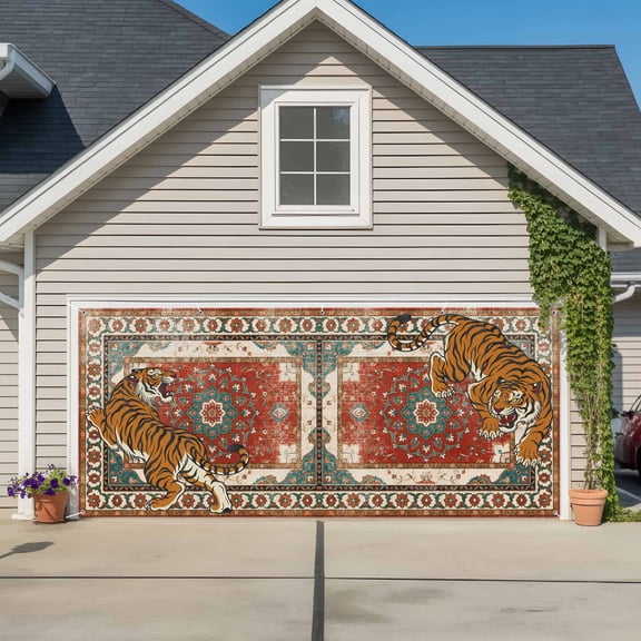 Tiger Print Garage Door Banner Covers, Boho Vintage Animal Orange Red Floral Geometric Large Hanging Indoor/Outdoor Backdrop Background for Christmas Winter Party Decor, 6x13ft