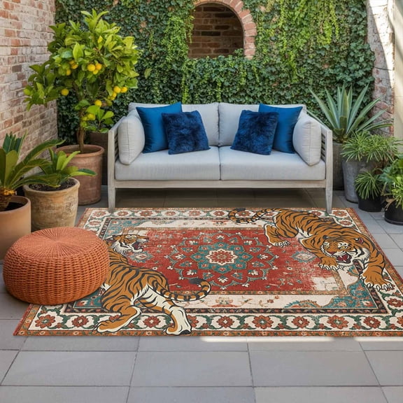 Tiger Print Indoor Outdoor Rugs 4x6 Ft, Boho Vintage Animal Orange Red Floral Geometric Outdoor Patio Rugs Mat Washable Outside Area Rugs Carpet for Porch Deck RV Camping Pool Balcony Backyard