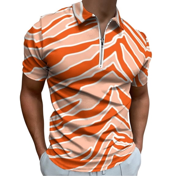 Tiger Print Orange Men Zipper T-shirt Summer Casual Short Sleeve T-shirt Top
