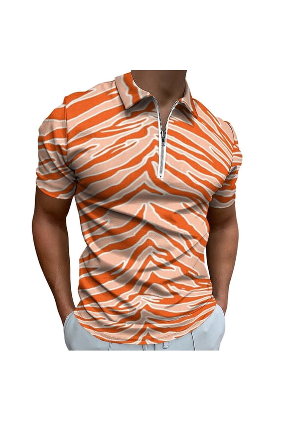 Tiger Print - Orange Men Zipper T-shirt Summer Casual Short Sleeve T-shirt Top